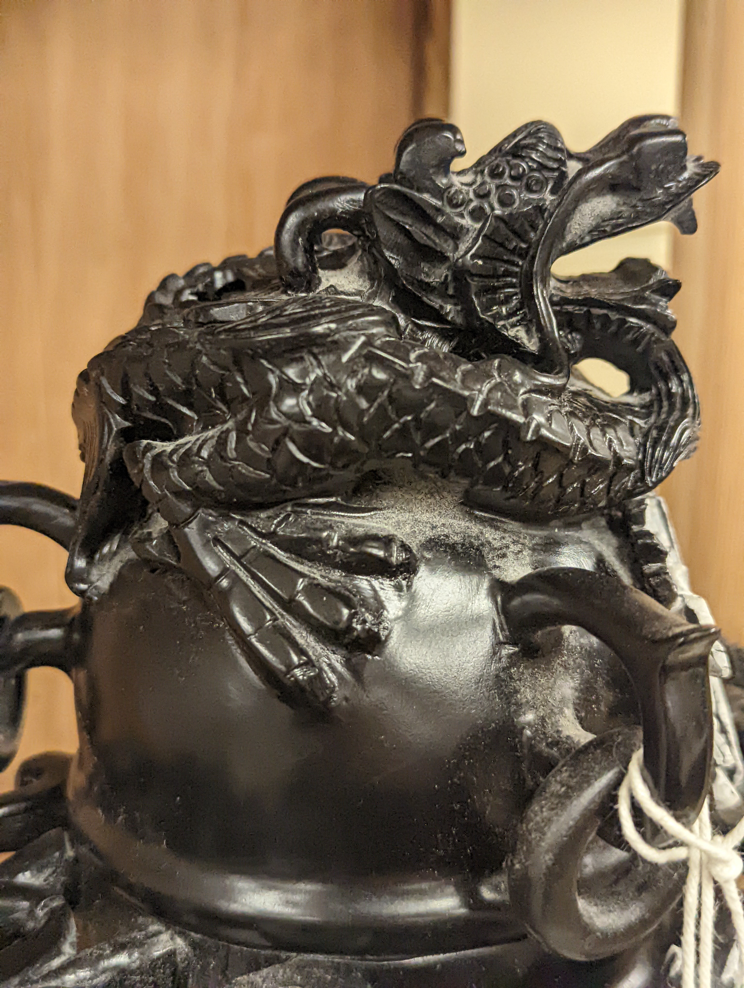 A large decorative Chinese black hardstone tripod censer and cover - 25.5cm high